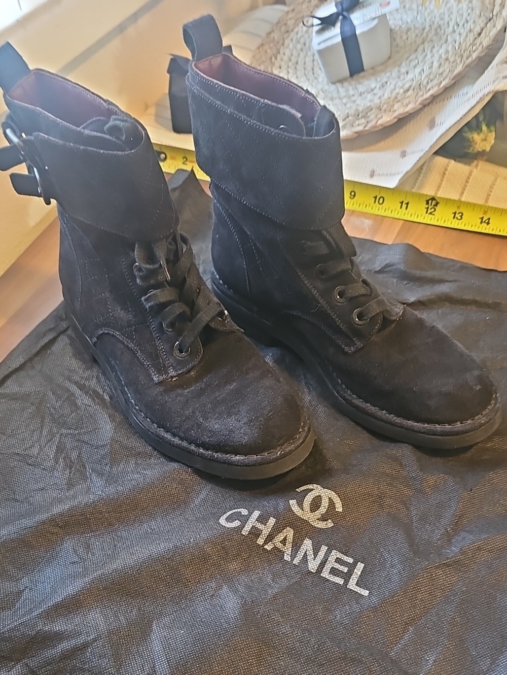 *Authentic* CHANEL Black Suede Lace-Up Combat Combat Boots